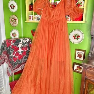 Gorgeous orange sheer mesh babydoll milkmaid boho fairycore maxi gown dress!